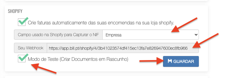 Definir campo NIF e copiar Webhook no bill.pt