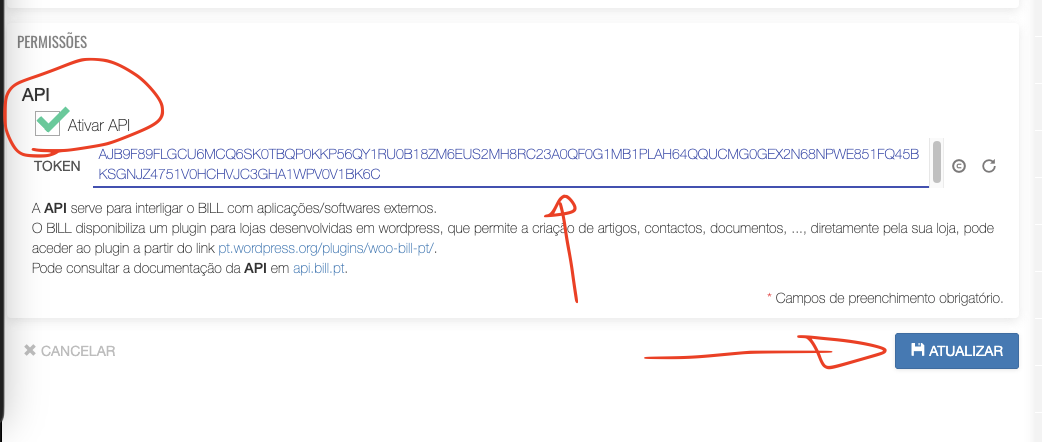 Ativar chave de API no utilizador do bill.pt