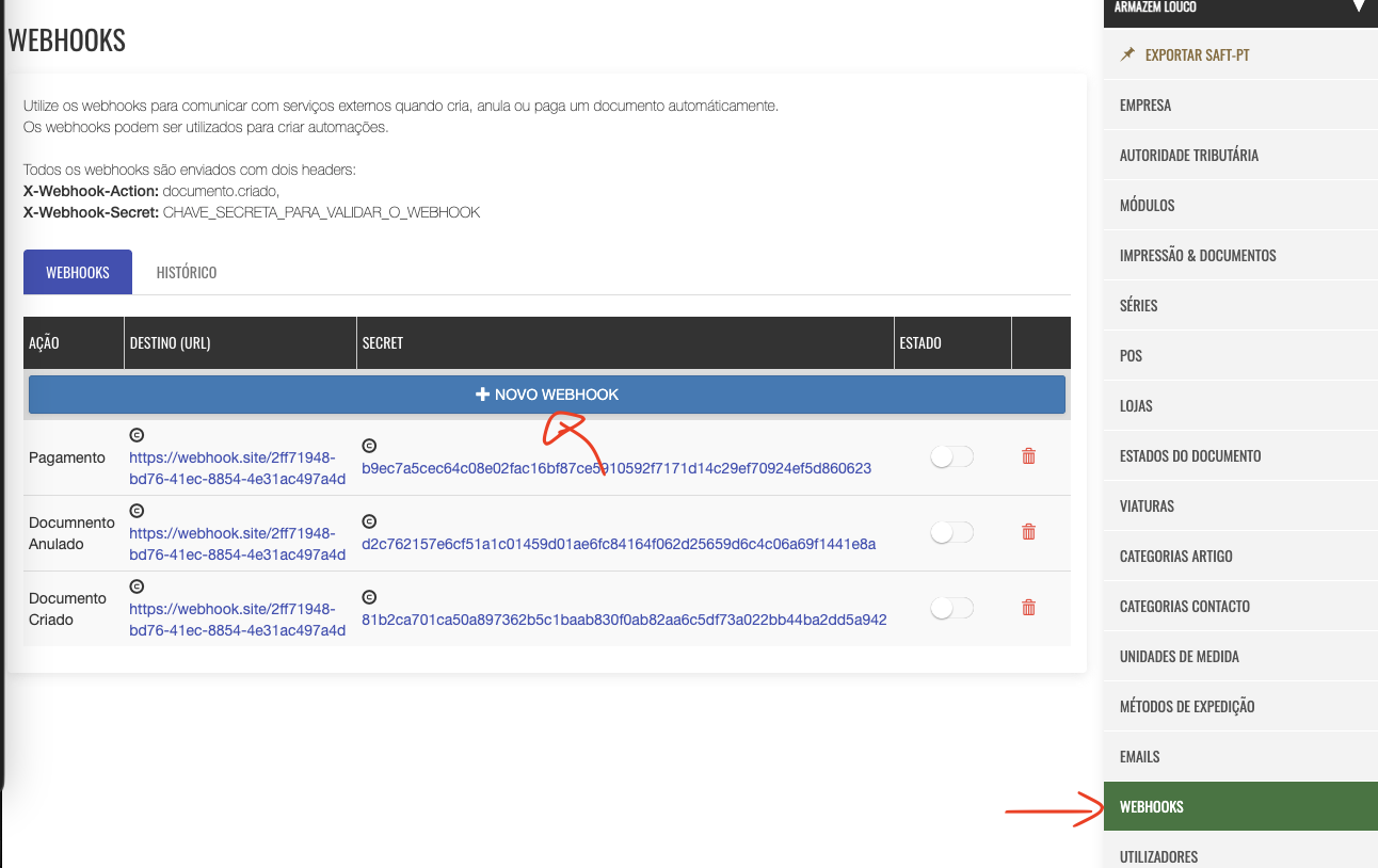 Criar novo webhook no bill.pt